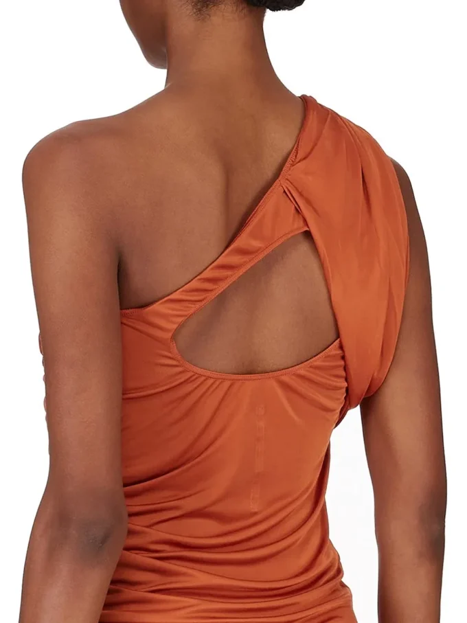 RICK OWENS FW25 CONCORDIANS ROBE AMIRA EN JERSEY DE VISCOSE SATINÉE ORANGE. LI02E3526JVS-153 RICK OWENS FW25 CONCORDIANS ROBE AMIRA EN JERSEY DE VISCOSE SATINÉE ORANGE. LI02E3526JVS-153