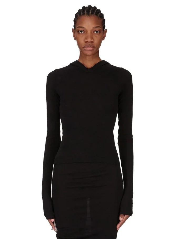 RICK OWENS FW25 CONCORDIANS T-SHIRT À MANCHES LONGUES COURTES À CAPUCHE COURTE EN JERSEY COURTE NOIR RAININO. RP02E4210RJR-09 RICK OWENS FW25 CONCORDIANS T-SHIRT À MANCHES LONGUES COURTES À CAPUCHE COURTE EN JERSEY COURTE NOIR RAININO. RP02E4210RJR-09